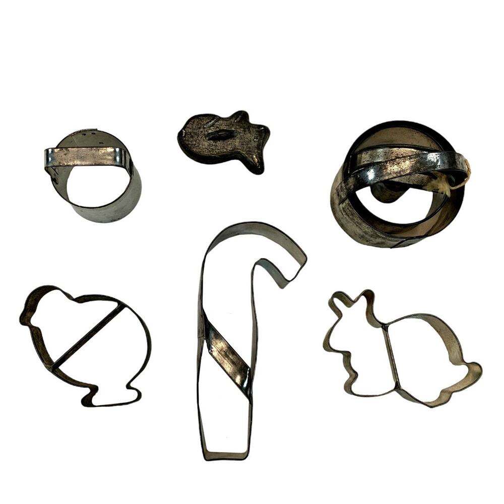 Vintage Lot 6 Old Metal Cookie Cutters Bunny Chick Doughnut Biscuit Candy Cane